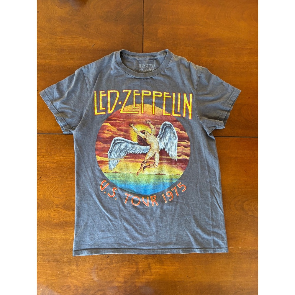 Led Zeppelin US Tour 1975 Graphic T-Shirt Gray Cotton Rock Band Tee Medium